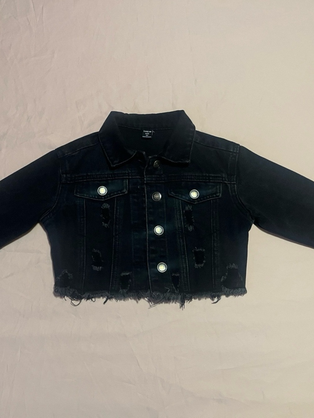 Girls SHEIN Black Distressed Denim Jacket Good Vibes Only Embroidered Size 5Y